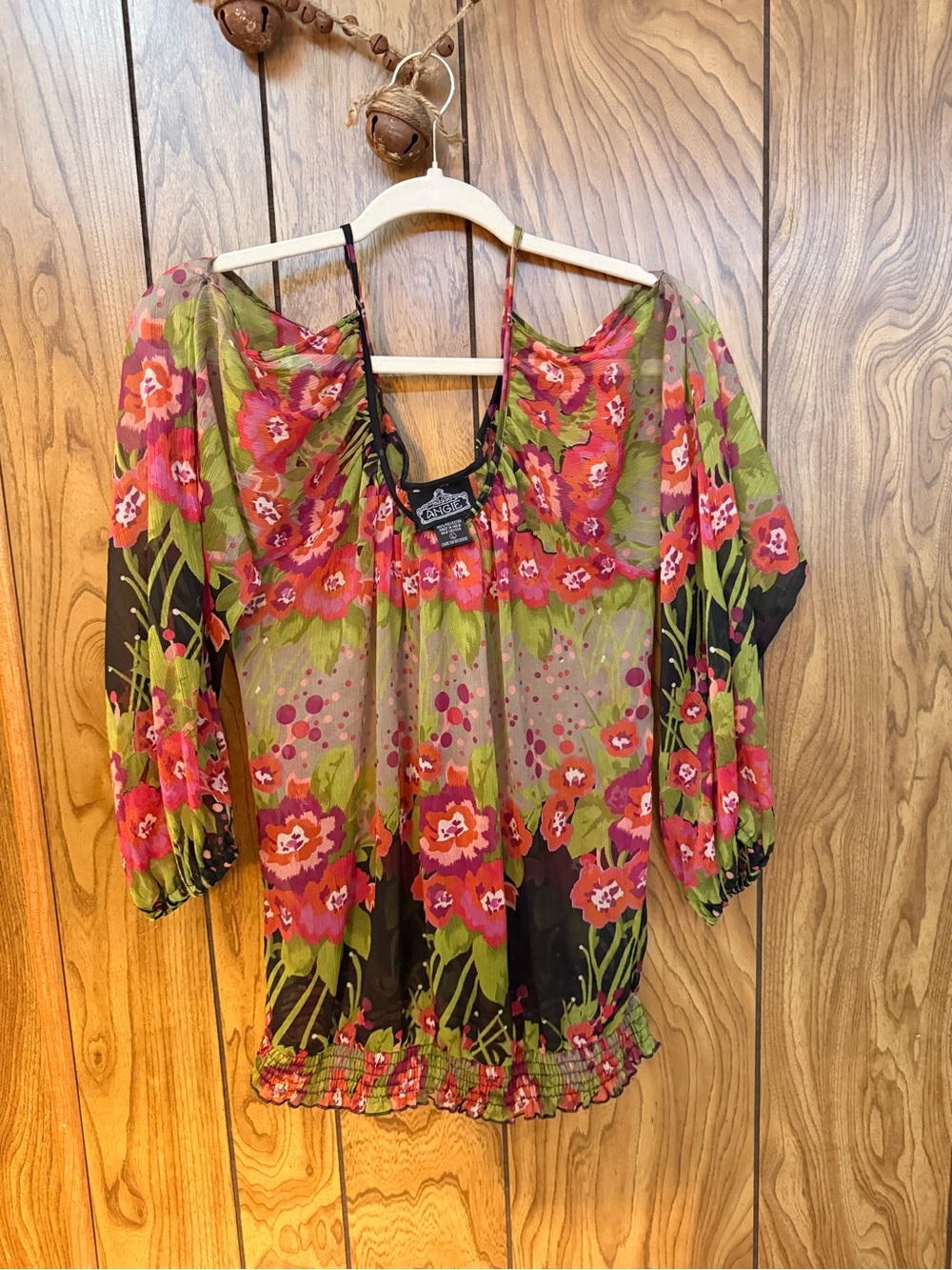 Angie Floral Sheer Boho Blouse Size L Smocked Hem Cold Shouldet